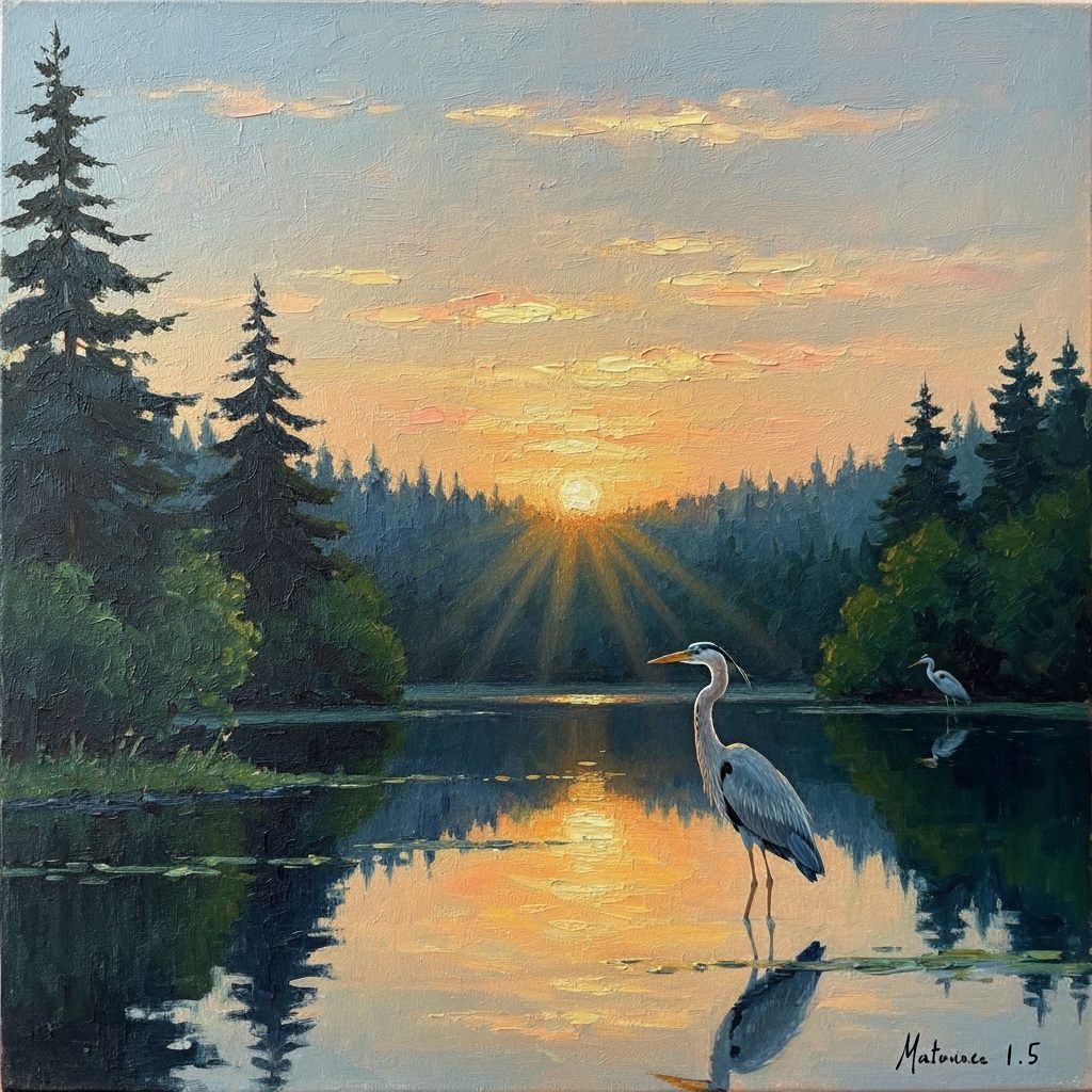 Heron at Sunset on Serene Forest Lake