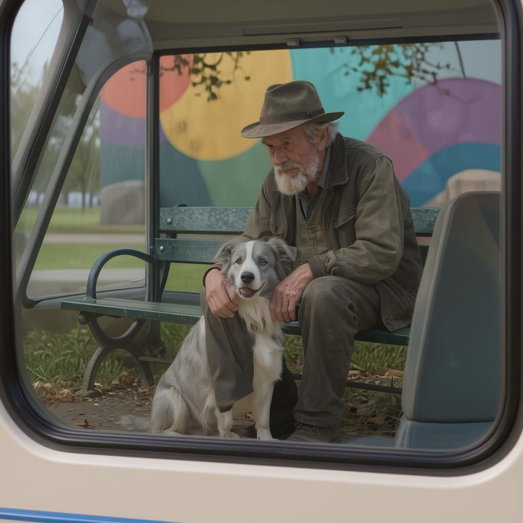 Old Man with Dog on Park Bench