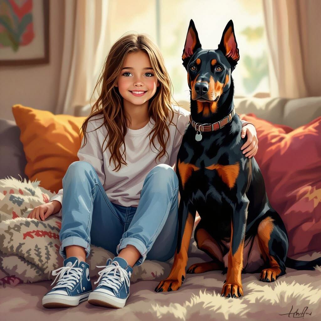 Girl with Doberman in Vibrant Digital Art Style