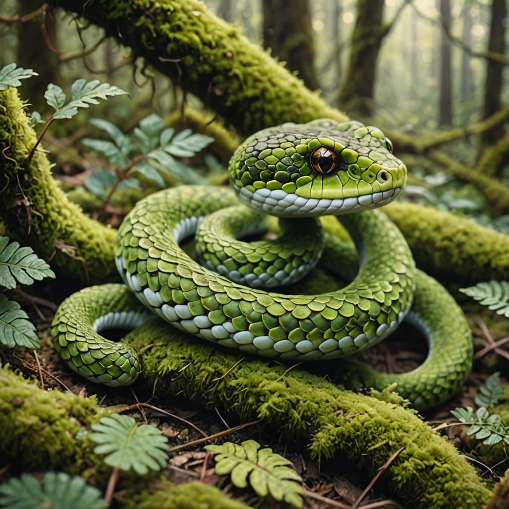 Fuzzy Green Moss Snake in Whimsical Illustration
