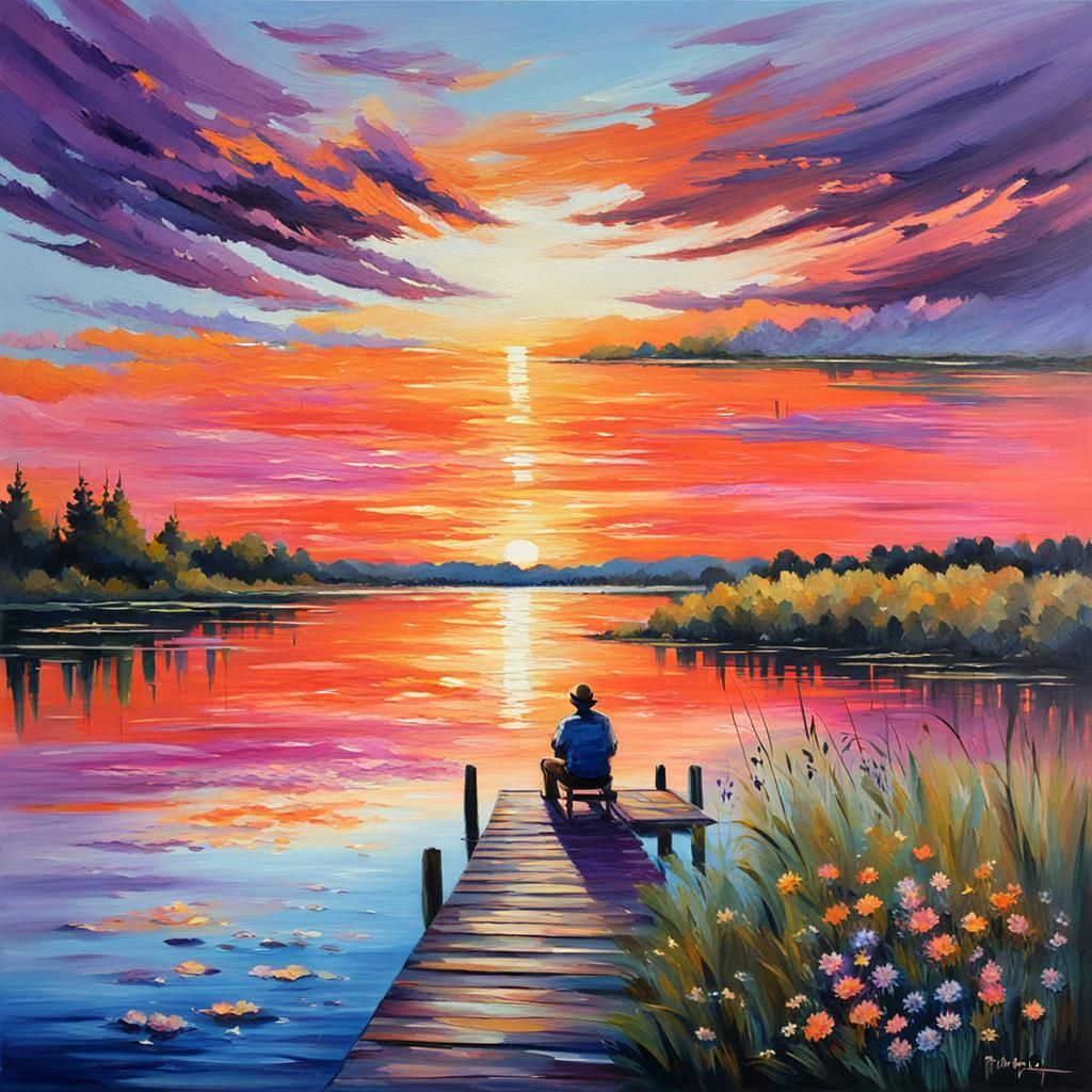 Impressionistic Sunset Painting Over Tranquil Lake