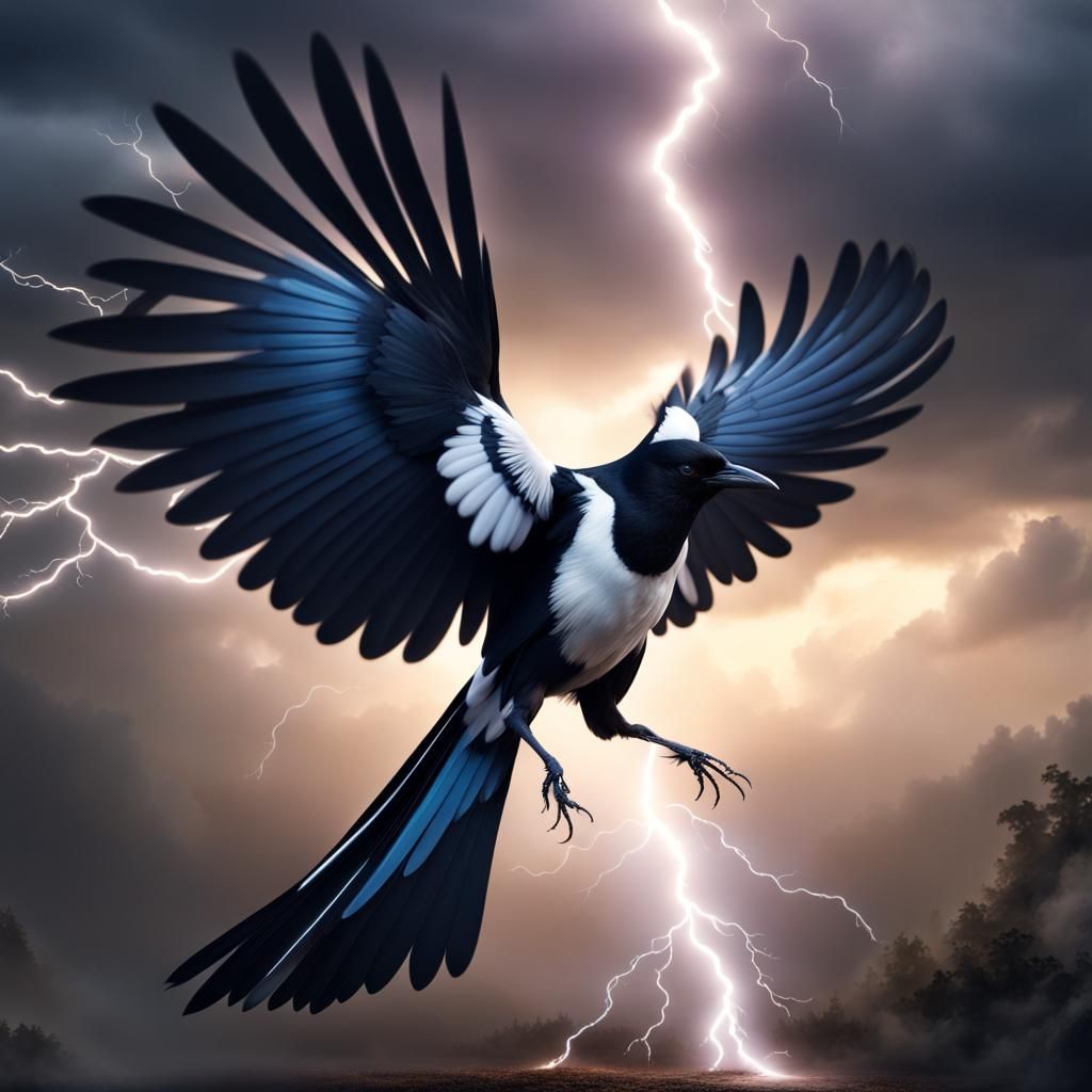 Magpie Soaring Through Lightning Storm