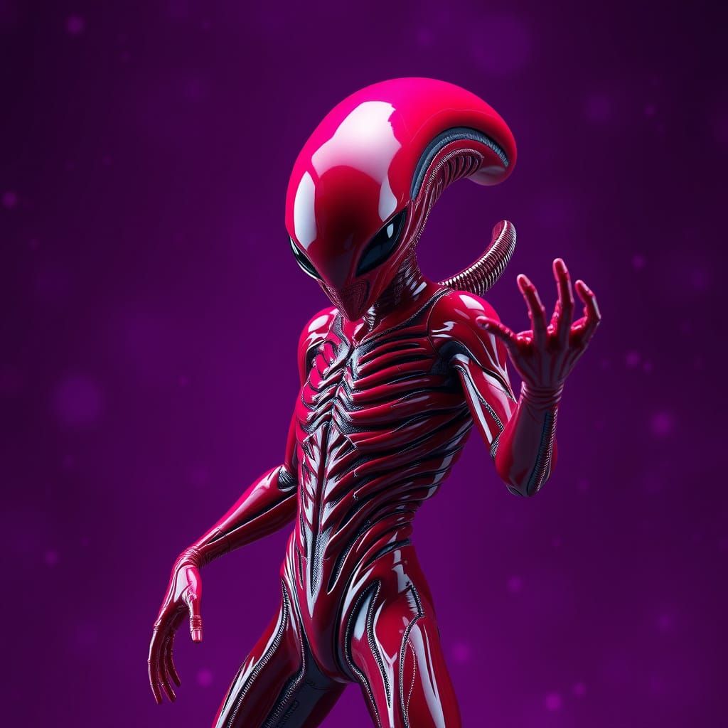 Red Latex Alien Hero in Cosmic Realm