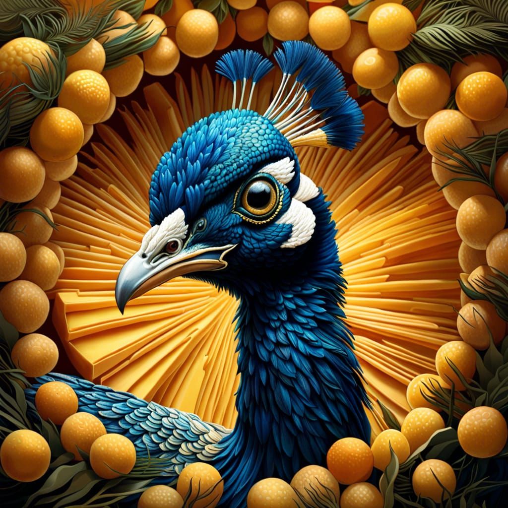 Cheese fractcal peacocks made from cheese, cheese feathers, cheese beek and cheese legs, laughing", by Giuseppe Arcimbol...