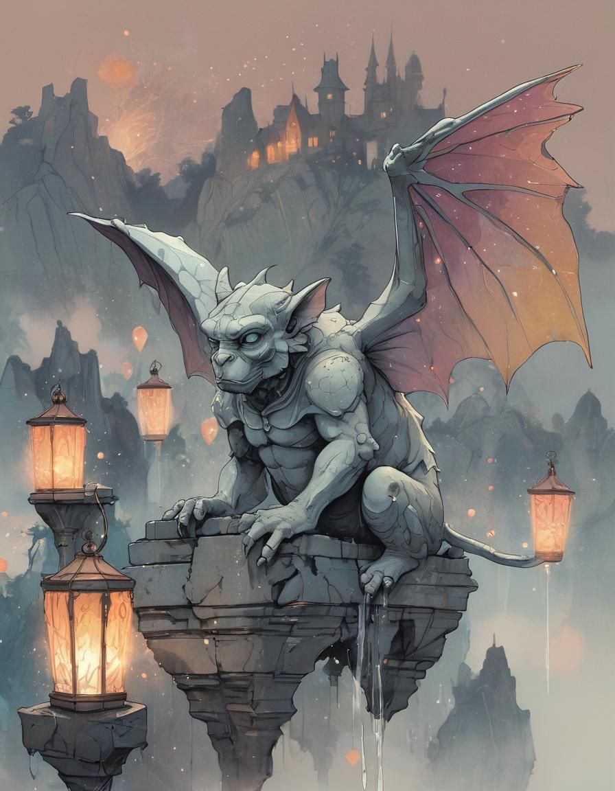 Gargoyle with Aurora Sky: Whimsical Ink Illustration