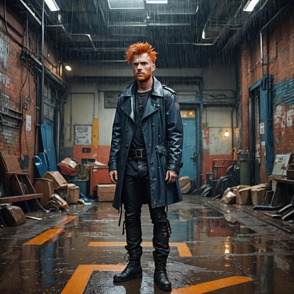 Punk Man in Leather on Loading Bay, Cinematic Lighting