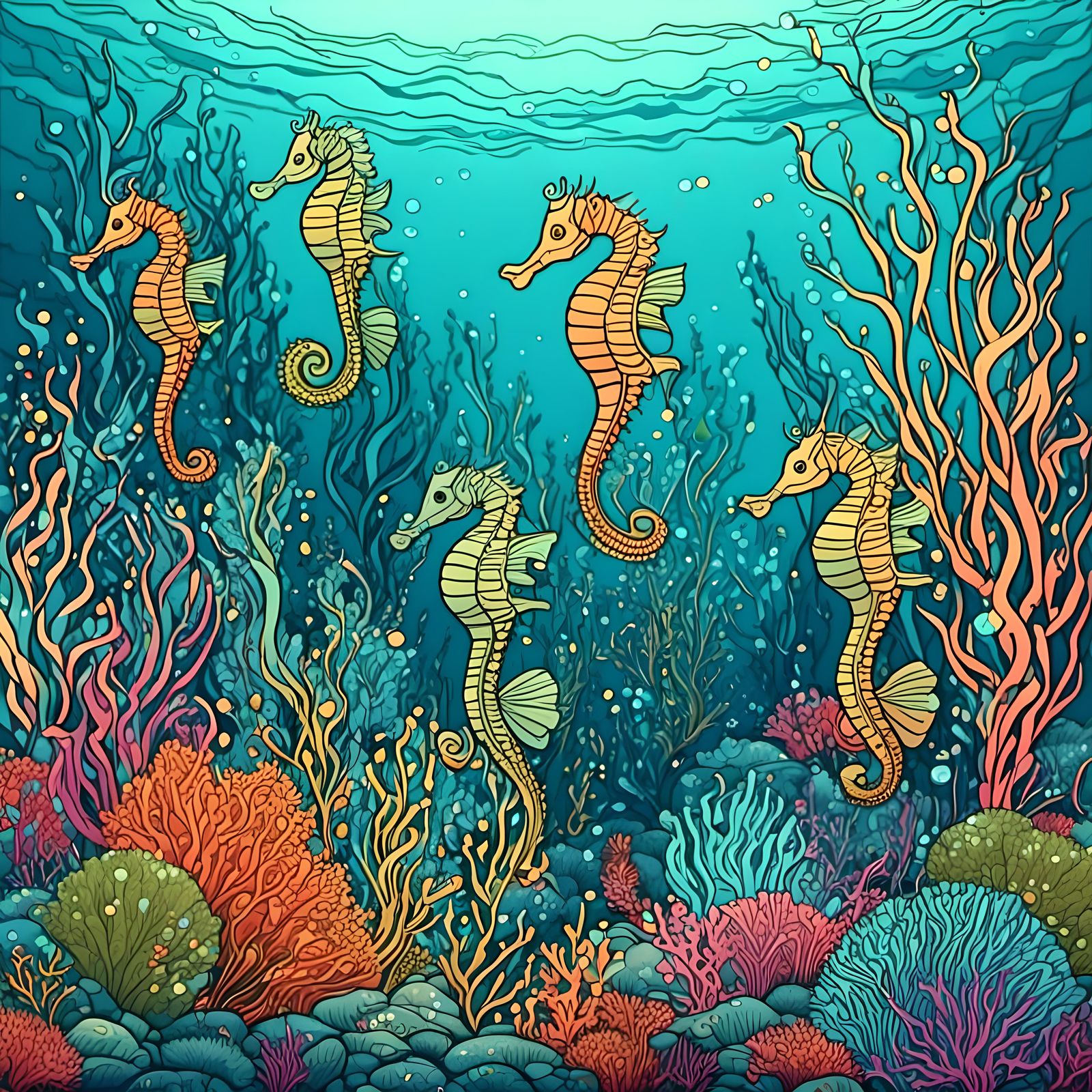 Seahorse Colony Ocean Scene Coloring Book Style