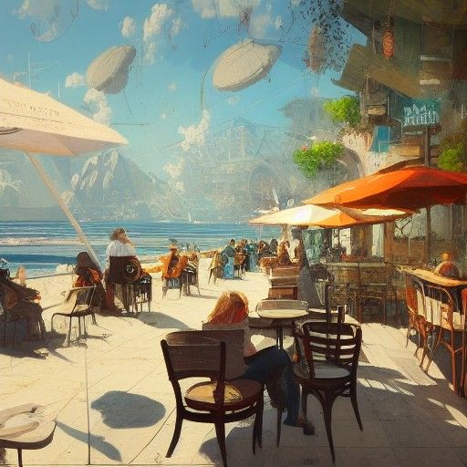 Seaside Cafe Cityscape: Hyperdetailed Digital Illustration
