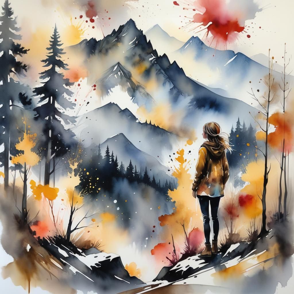 Girl on Mountain in Ink Splatter Watercolour Art