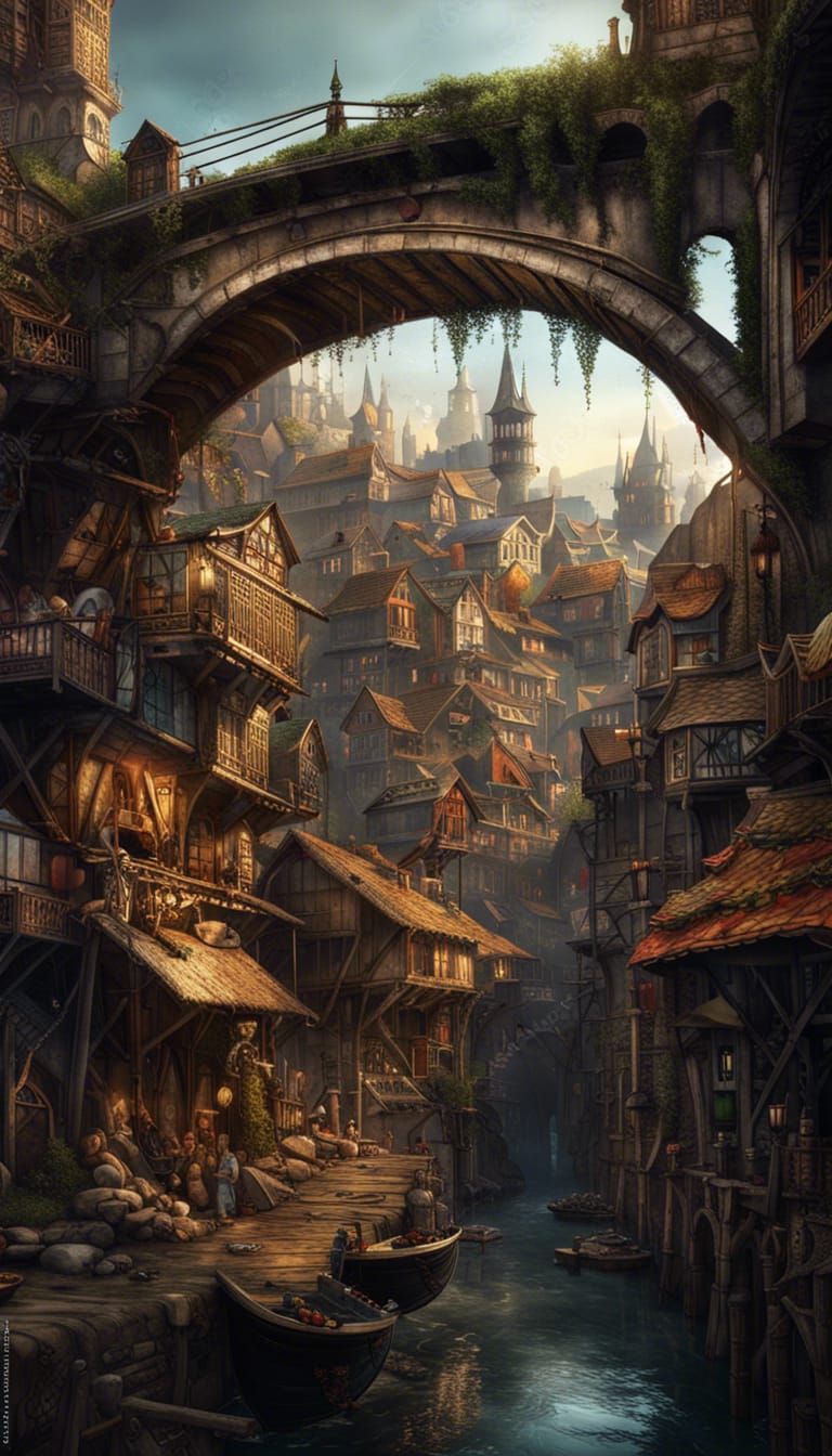 Fantasy Slum Under Broken Bridge: A Detailed Matte Painting