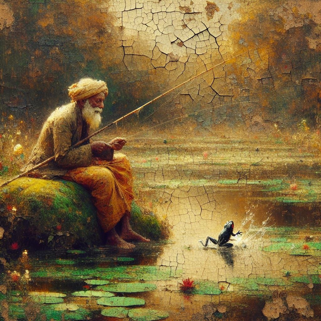 Renaissance Painting: Elderly Fisherman by Pond