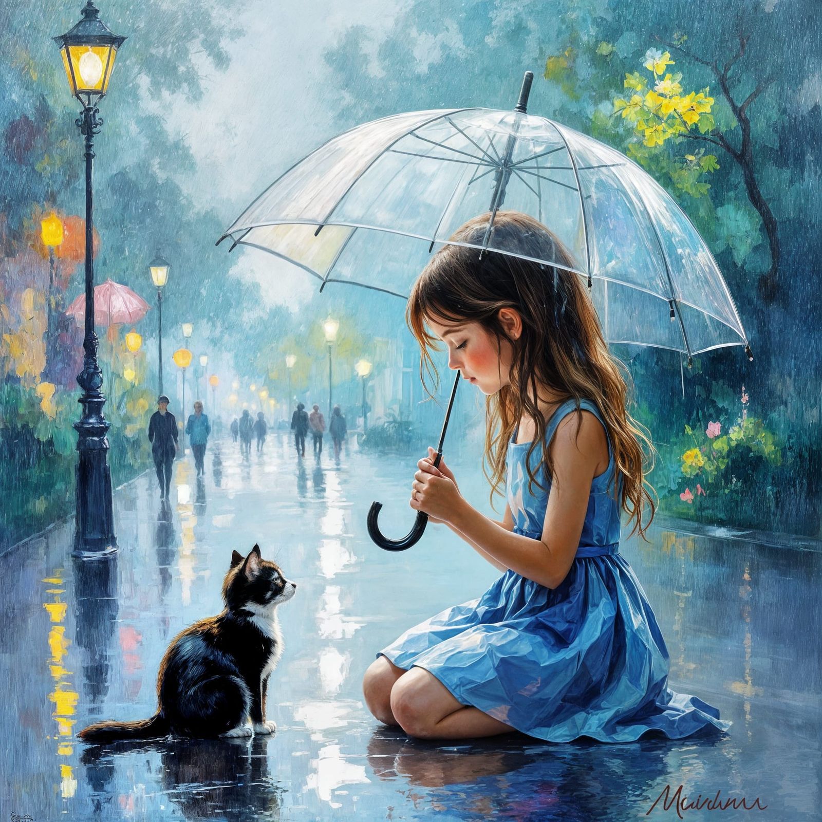 Neo-Impressionist Girl Tends to Cat Under Umbrella