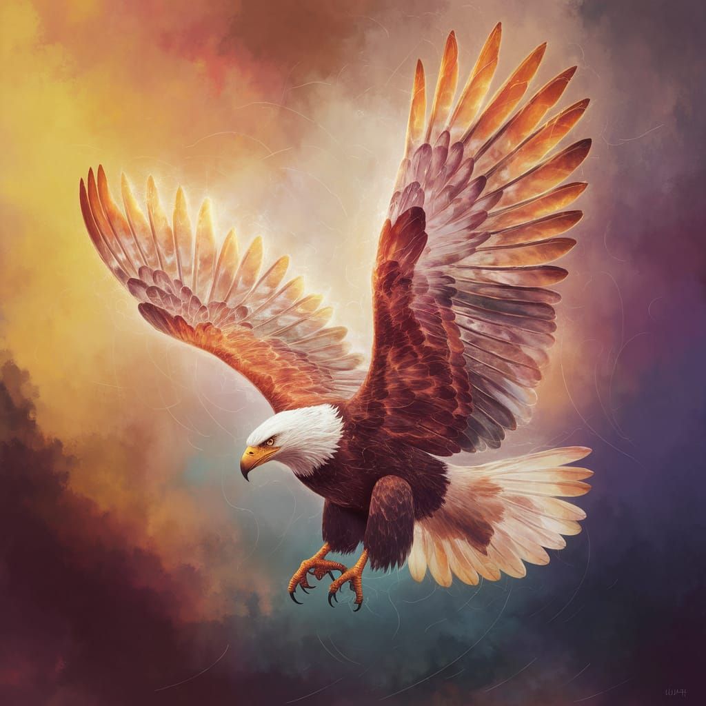Ethereal Eagle Soars Through Vibrant Stormy Sky in Dreamlike...