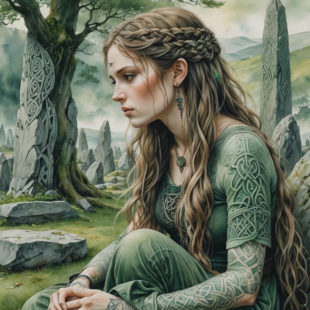 Celtic Woman with Knotwork Tattoos in Watercolor Style