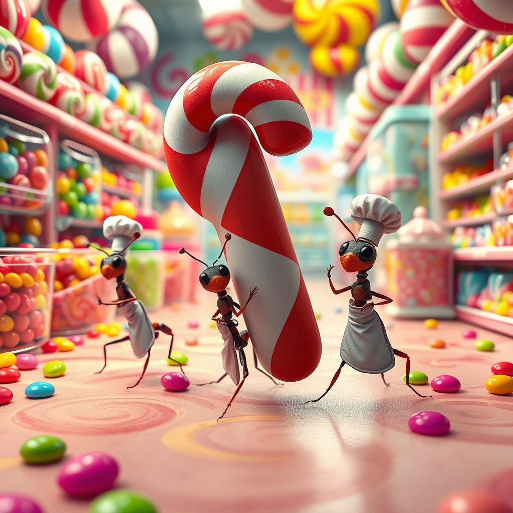 Ant Chefs Carry Candy Cane in Candyland Dreamscape