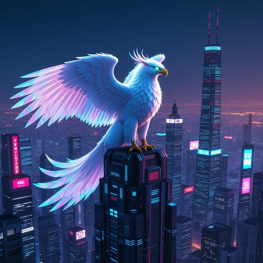 Majestic Griffin on Futuristic Skyscraper in Neon City