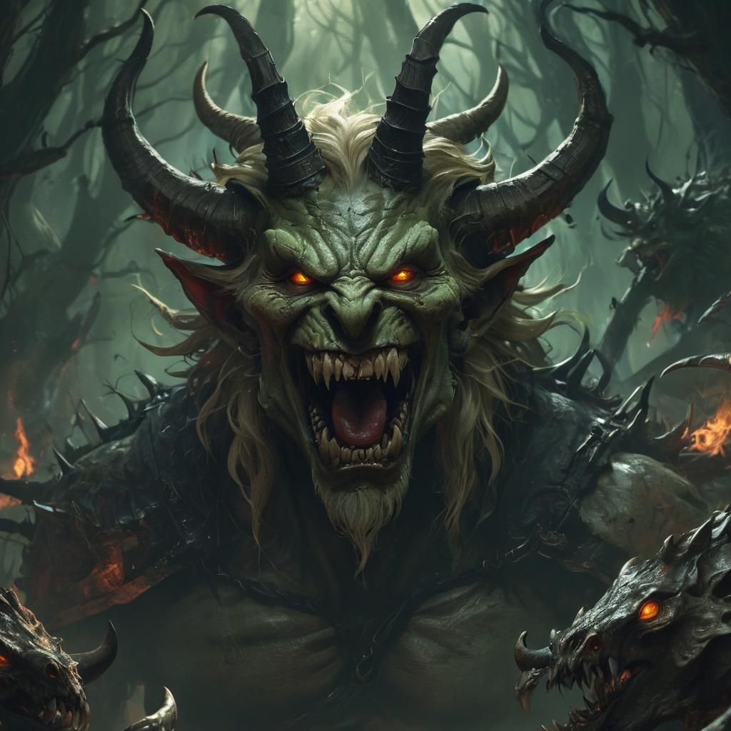 Demon Samael Laughing in Haunted Forest, Fantasy Art
