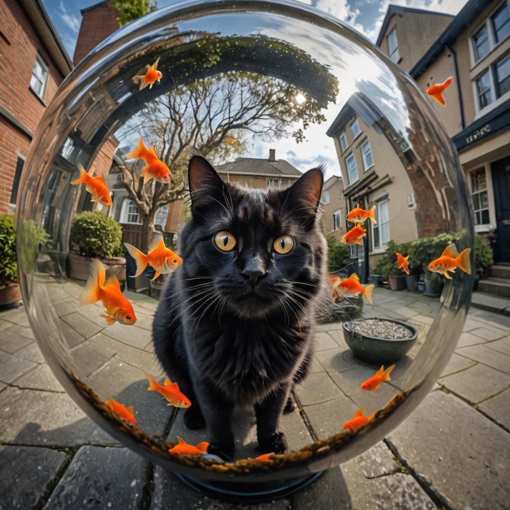 Black Cat Fisheye View of Goldfish