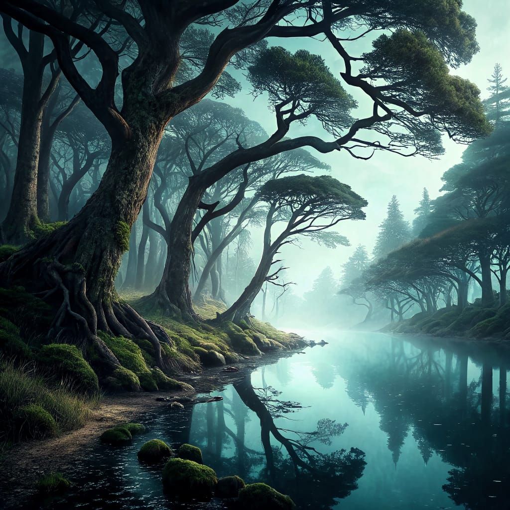 Misty Shoreline: Towering Trees in a Mirrored Landscape