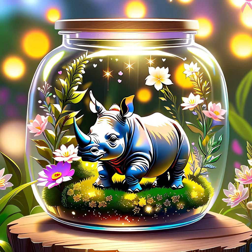 Cute Chibi Baby Rhino in a Jar