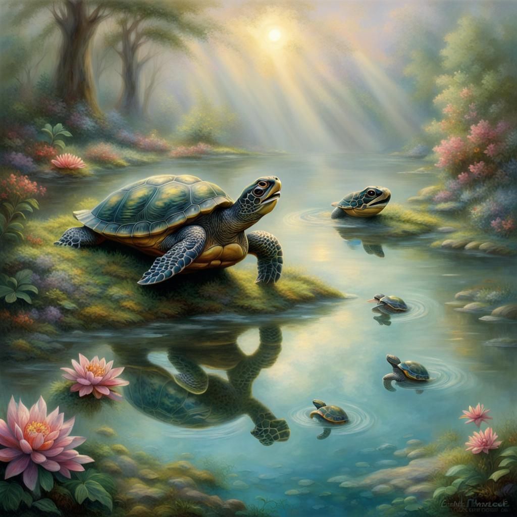 Turtle Family Splashing in Pond, Ethereal Fantasy Art