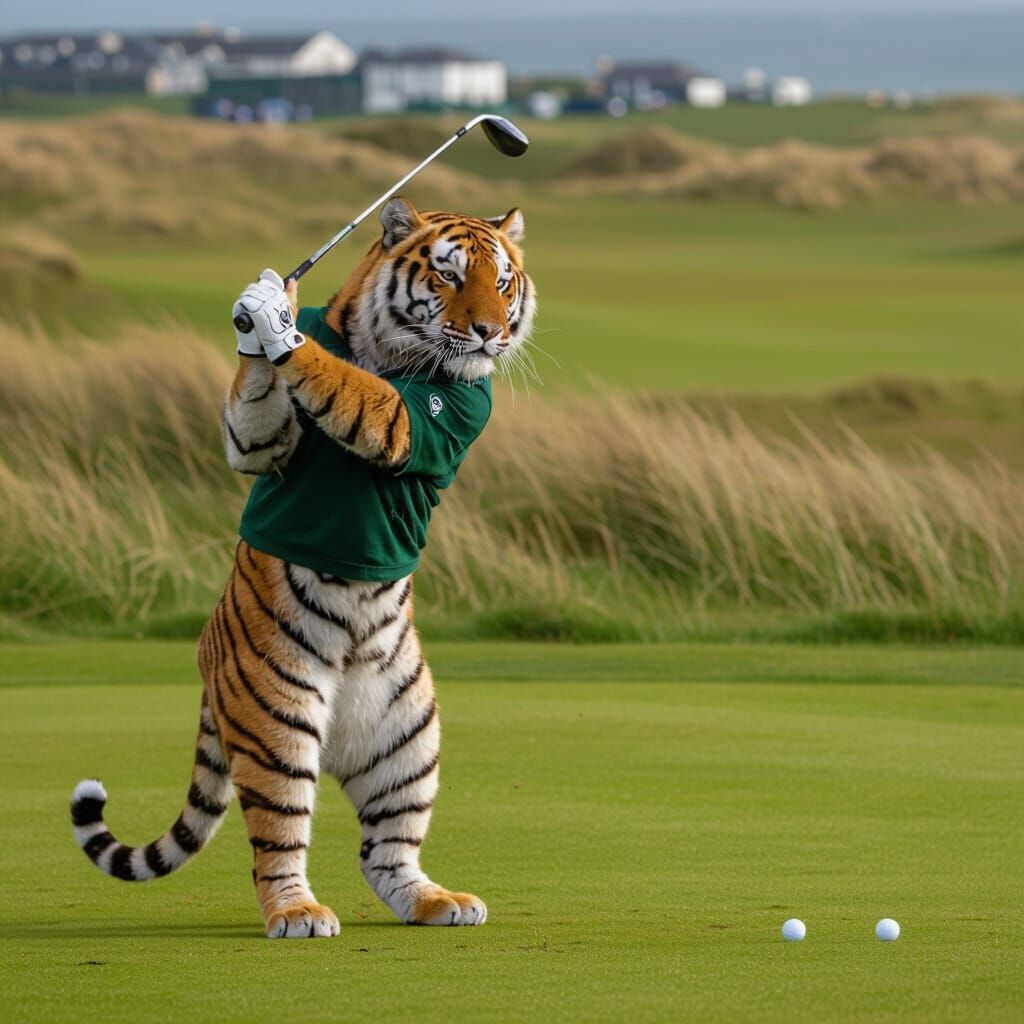 Cartoon Tiger Playing Golf at the Open