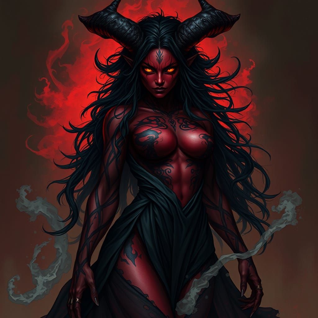 Seductive Crimson Demoness with Dark Energy Aura