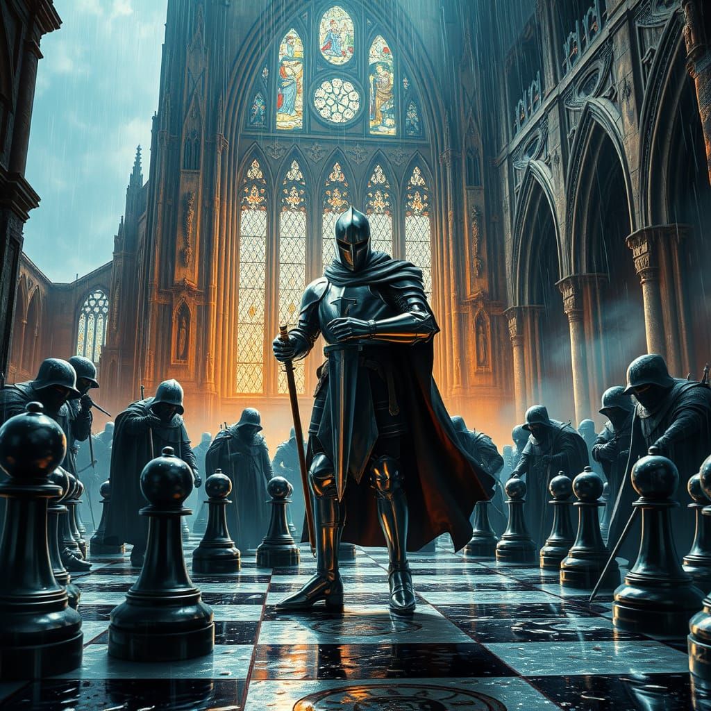 Knight Templar Chess Battle in Gothic Cathedral