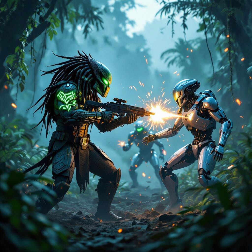 Predator Battles Chrome Robots in Alien Jungle