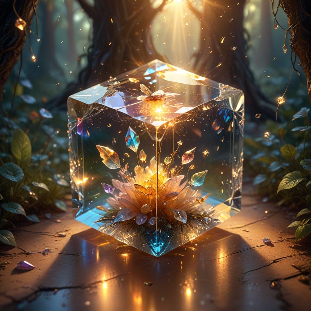 Fairy Trapped in Crystal Cube, Glowing with Golden Light