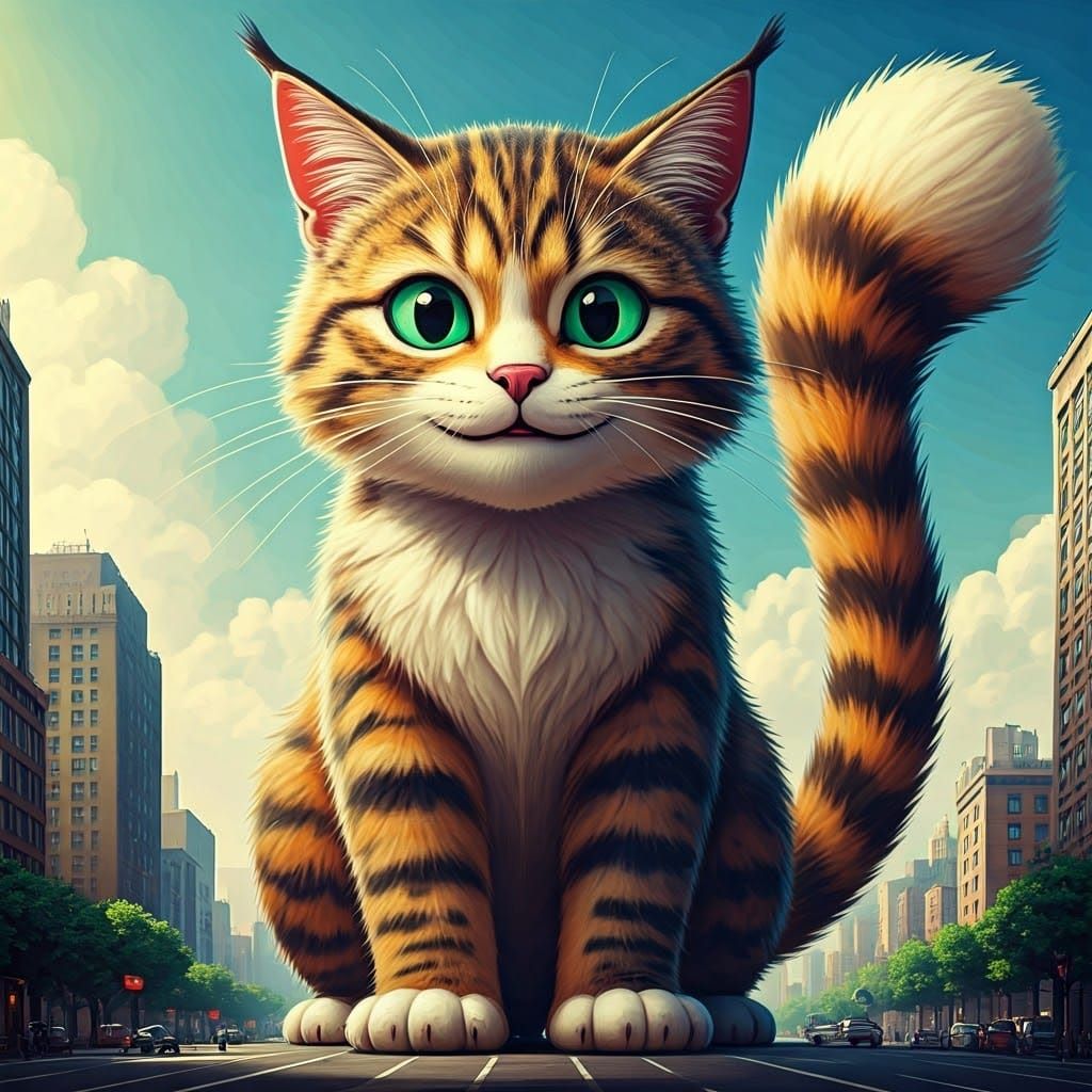 Giant Whimsical Cat with Vibrant Colors and Enchanting Prese...