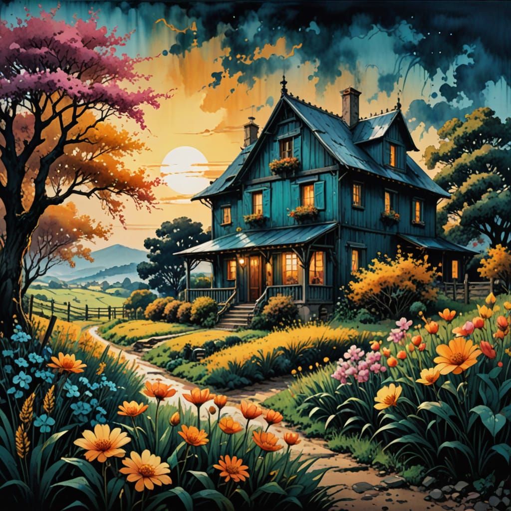 Vintage French farm house, perfect composition, high contrast, cinematic, atmospheric maximalist epic dark teal blue pin...