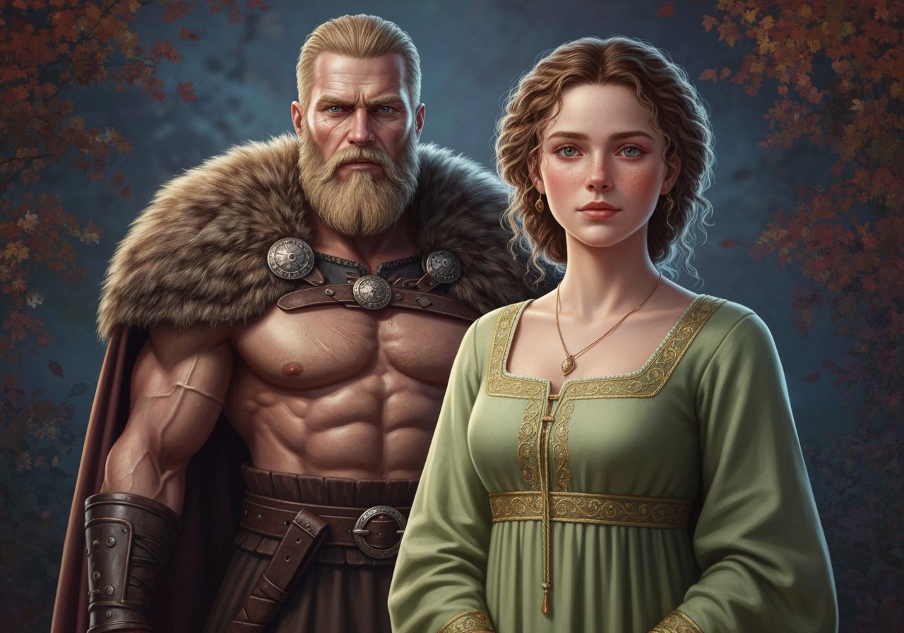 Viking Warrior and Woman in Autumn Evening