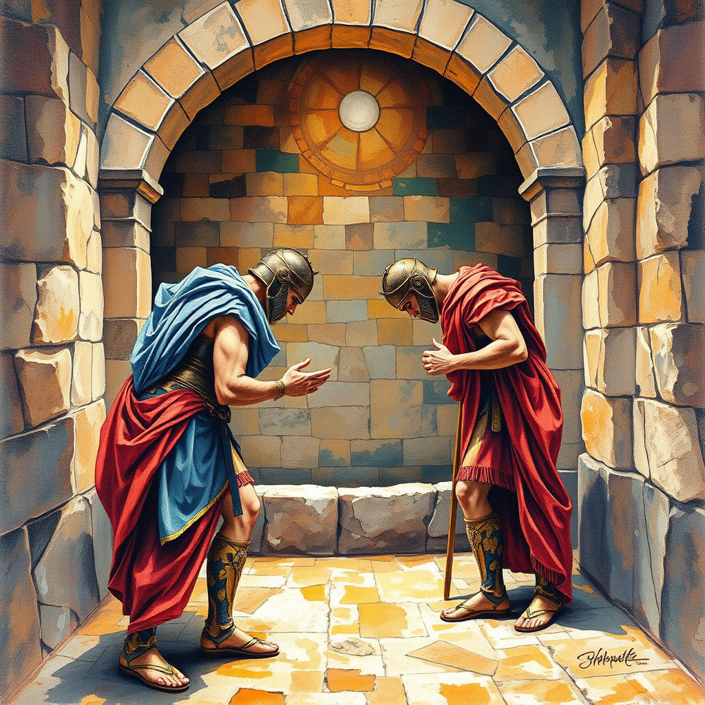 Gladiators Bowing in Arena: Gouache and Watercolor Style