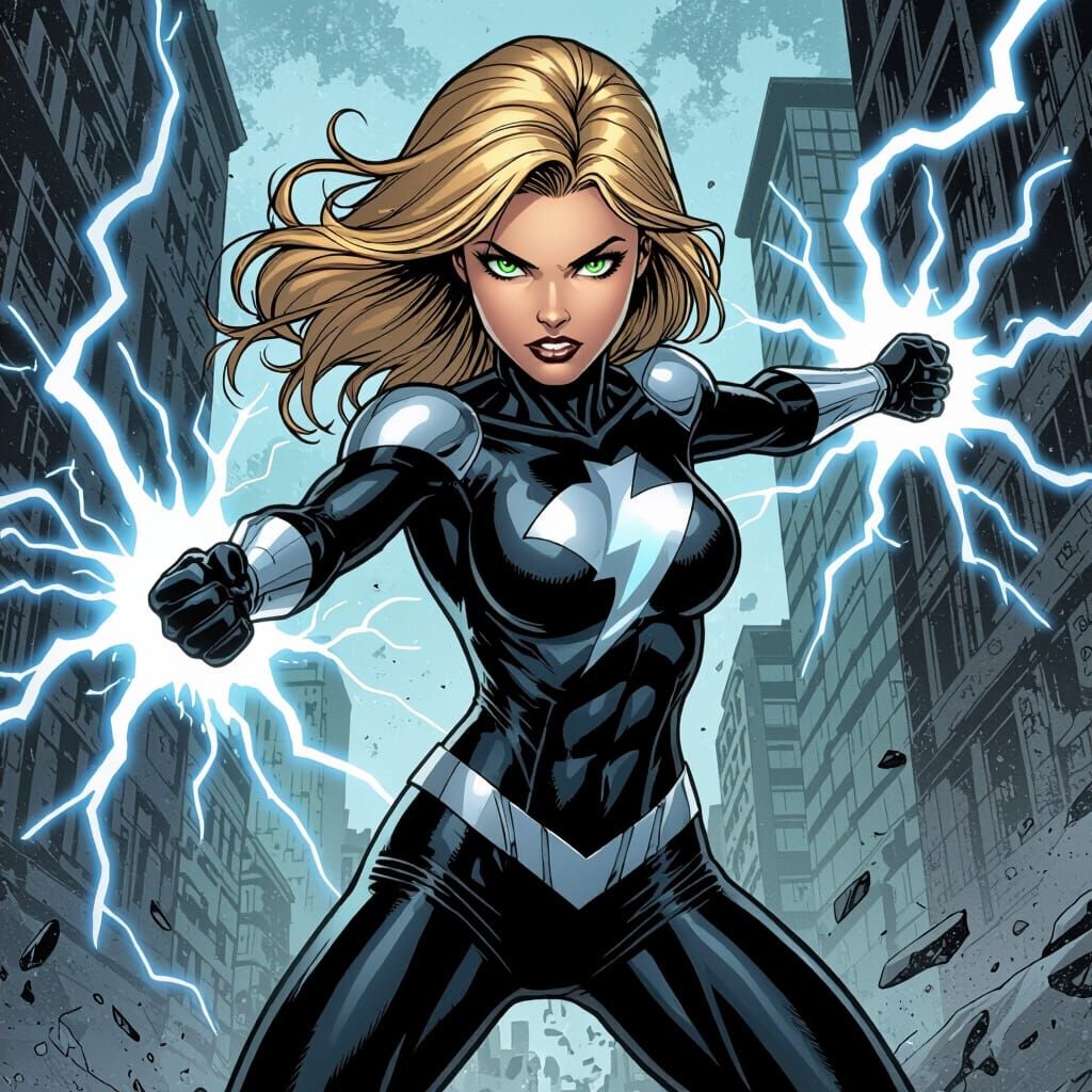 Dynamic Superheroine Wielding Lightning and Darkness