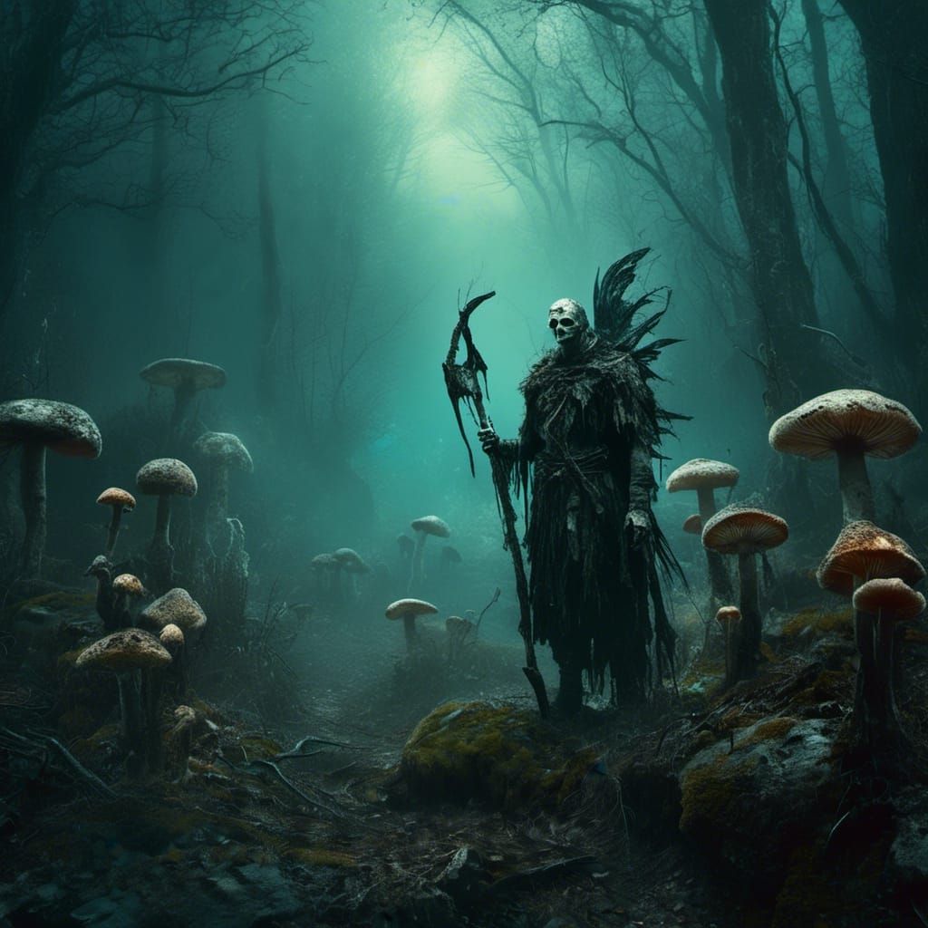 Aasimar Druid in Bioluminescent Dark Fantasy Forest