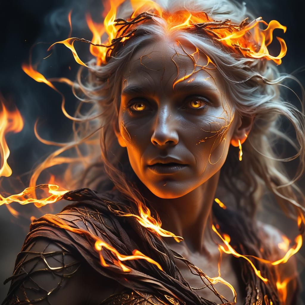 Ancient Fire Crone Weaving Spells in Surreal Hyperrealism