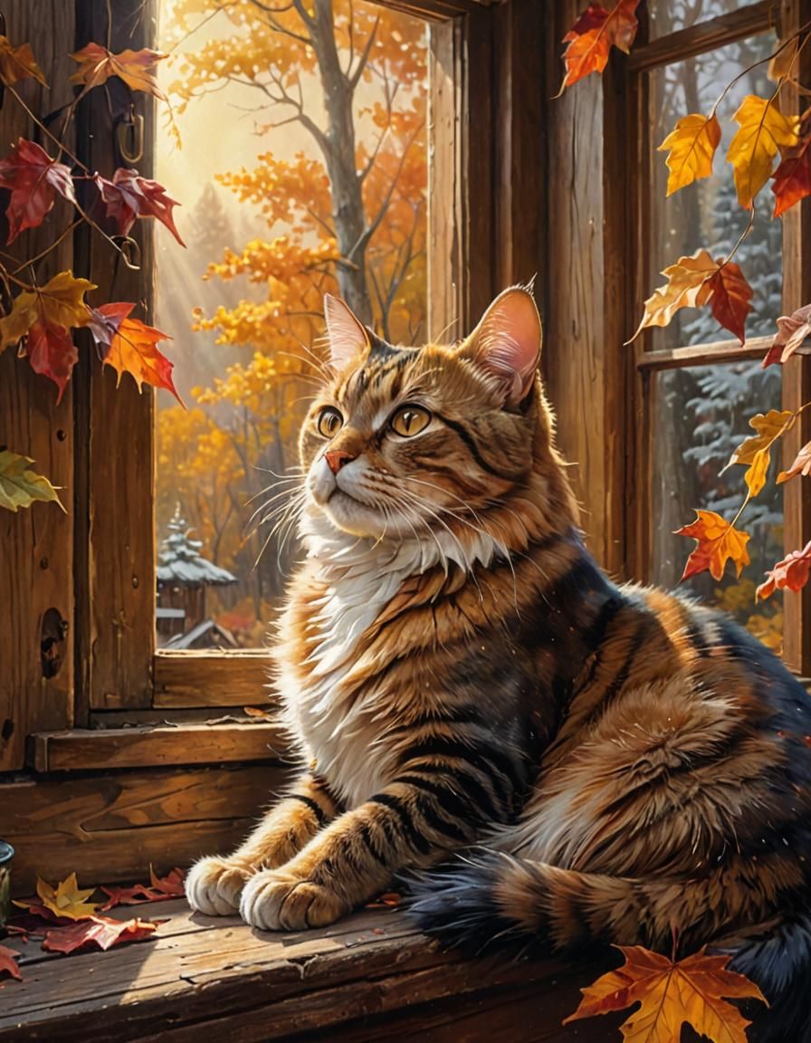 Cat Sunbathing in Cabin Window: Cozy Autumn Landscape