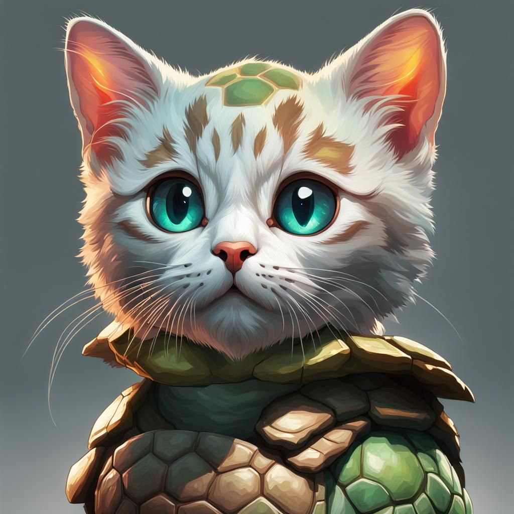Kitten with Turtle Shell Portrait in Artgerm Style