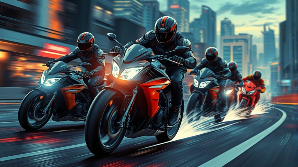 Futuristic Motorcycle Racing in Neon-Lit Cityscape