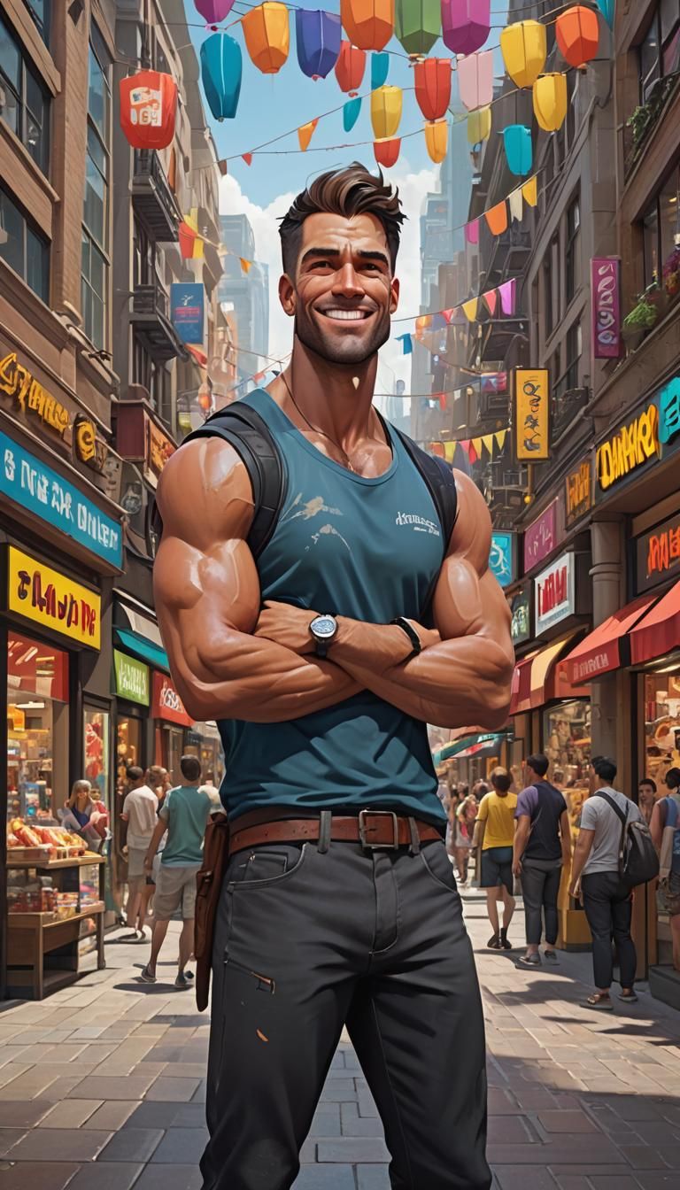 Brawny Man Poses in Bustling Mall: Splash Art
