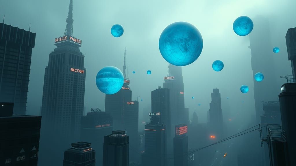 Blue Orbs in Dystopian Cyberpunk Cityscape