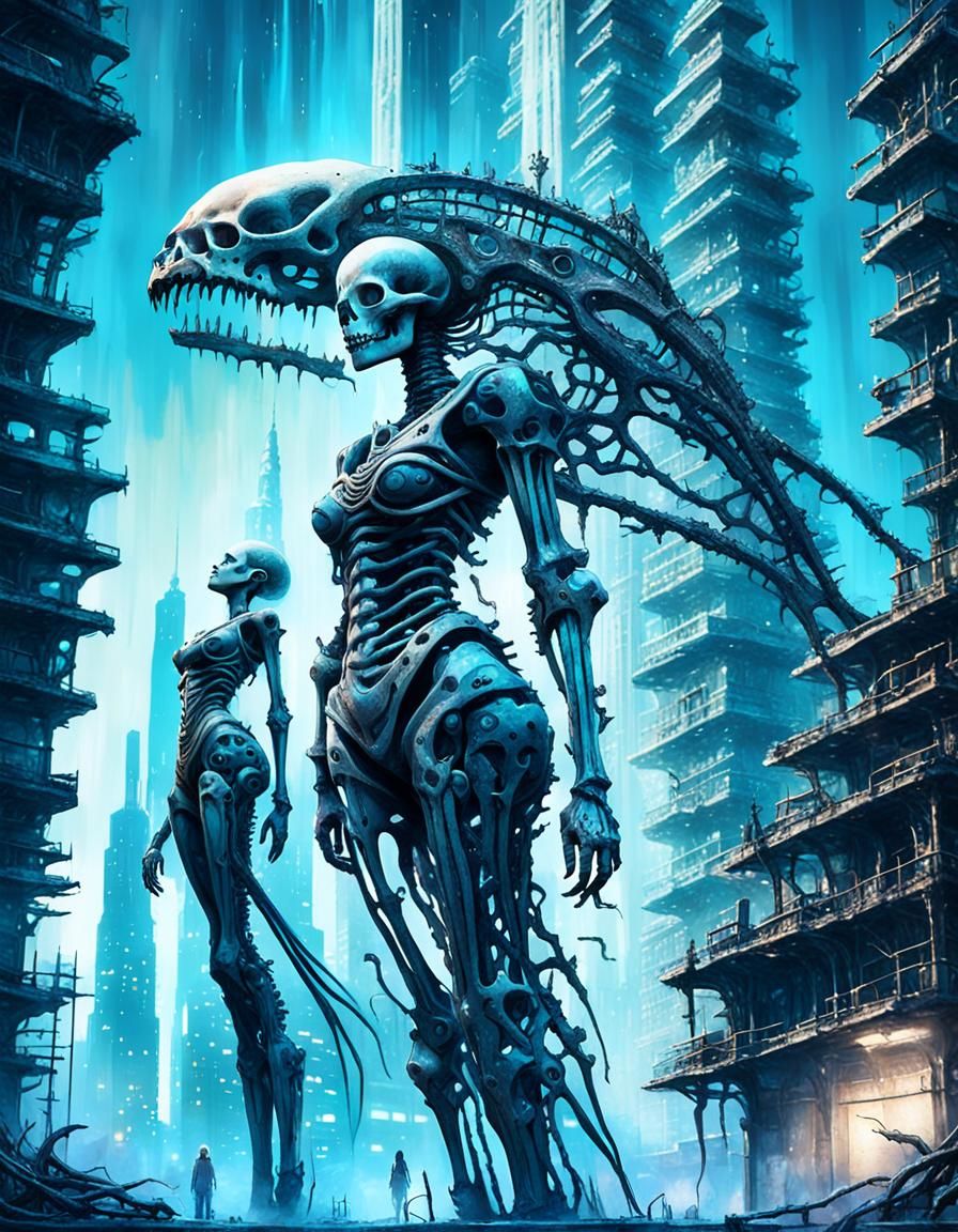 Biomechanical Girl in Cyberpunk Cityscape
