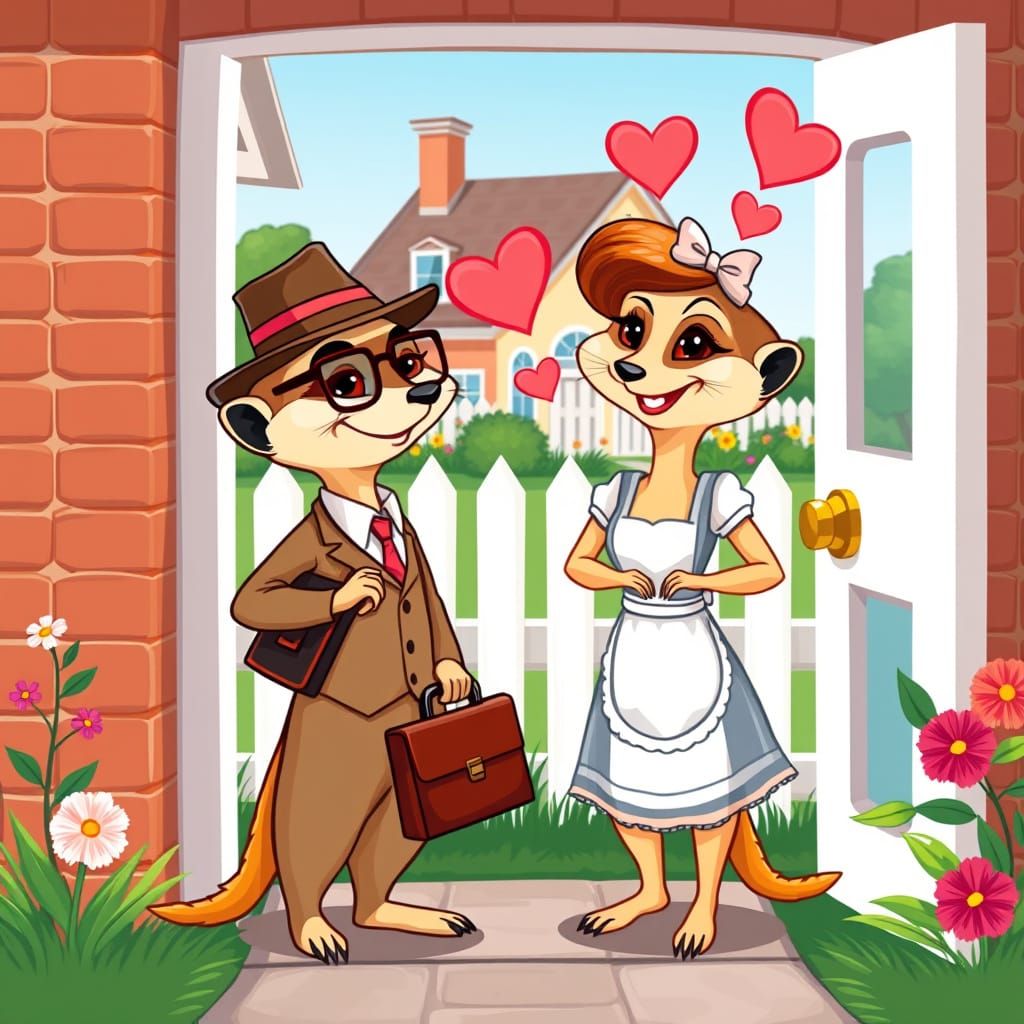 Charming Meerkat Couple in Whimsical Cartoon Scene