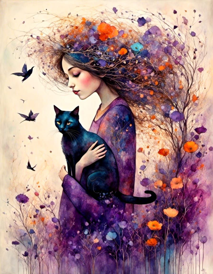 Girl and Cat in Liquid Ink Style, 8K
