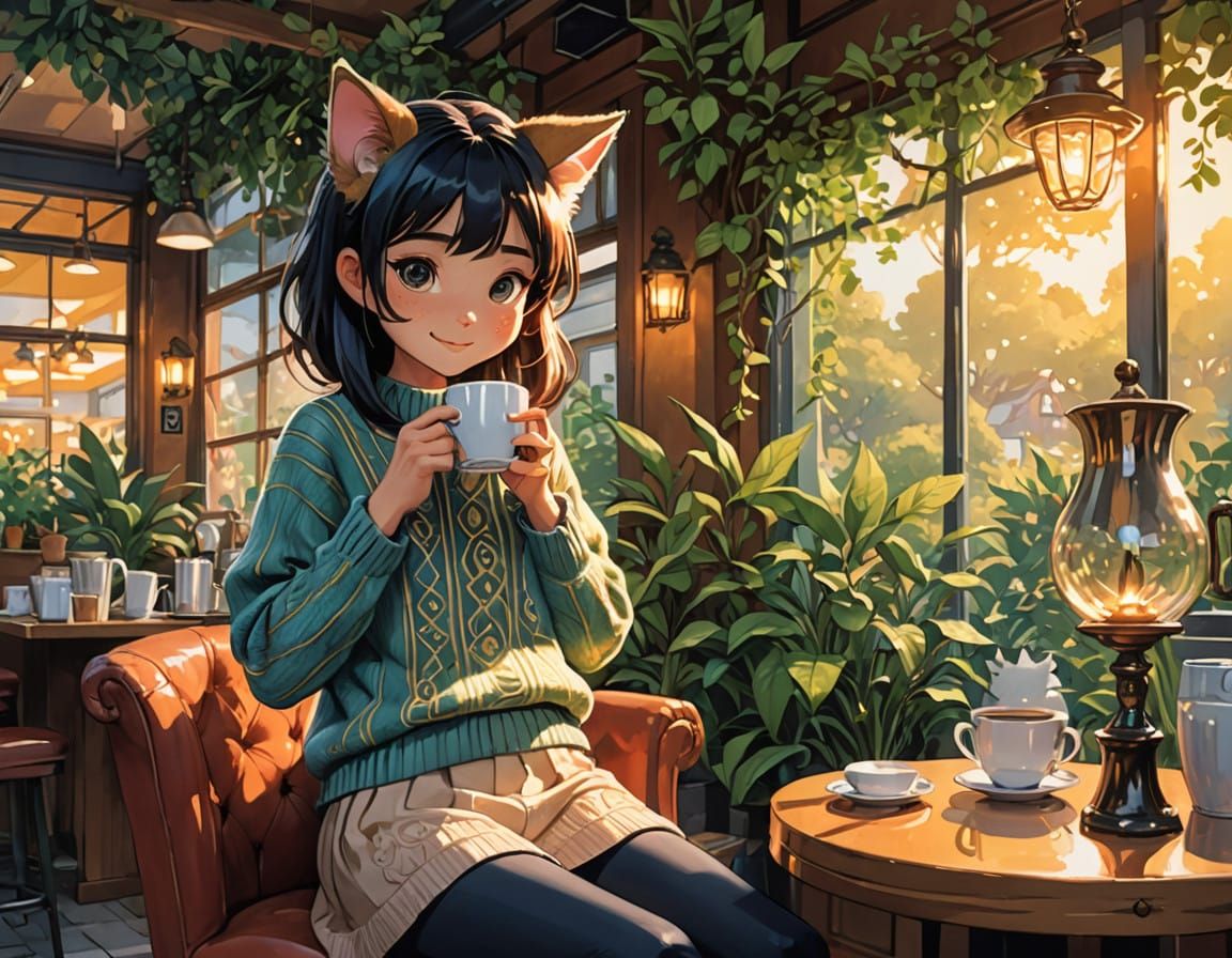 Girl with Cat Ears Sips Coffee in Whimsical Café