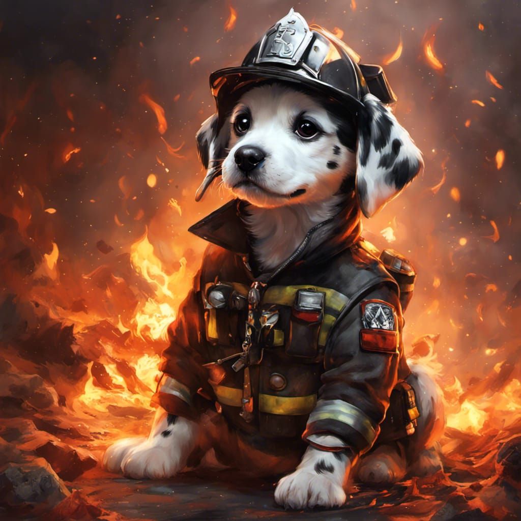 Chibi Dalmatian Firefighter Puppy in Flames