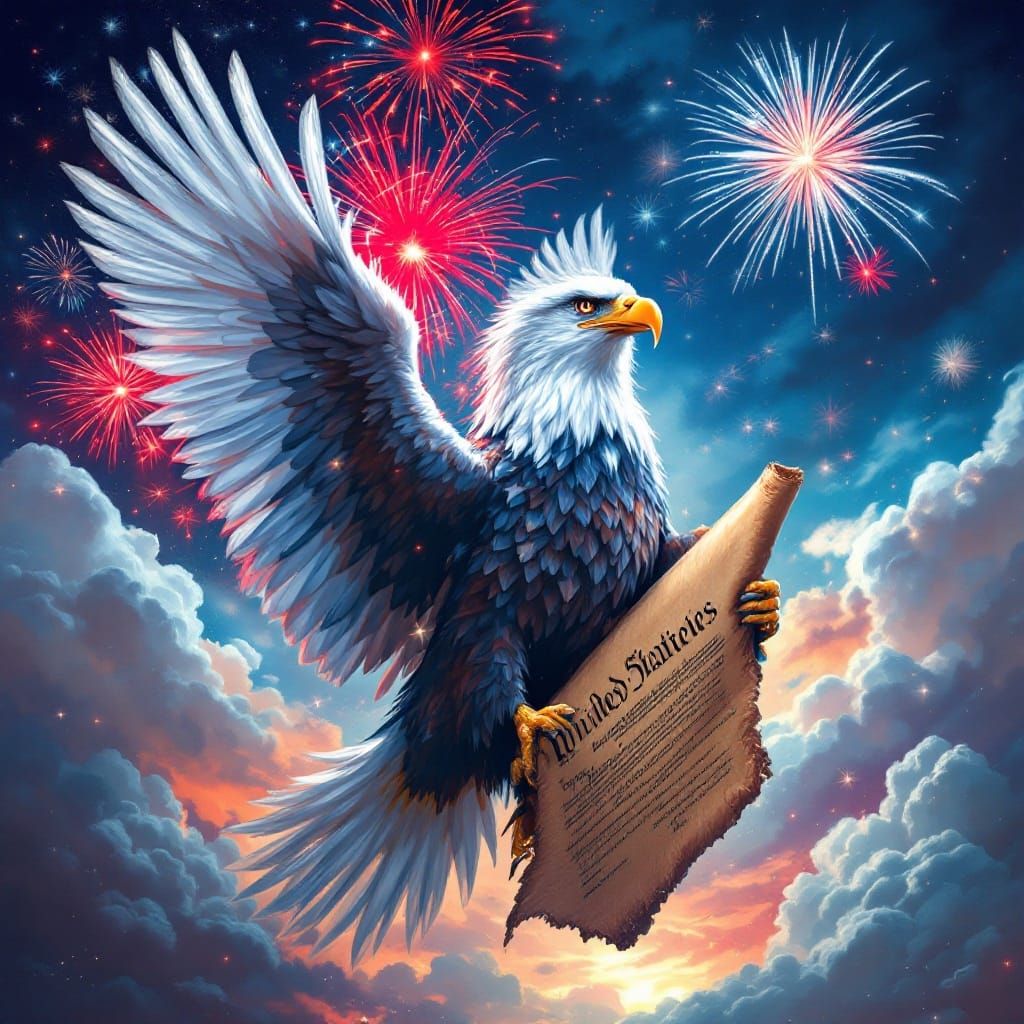 American Eagle Holds Constitution Amidst Patriotic Fireworks