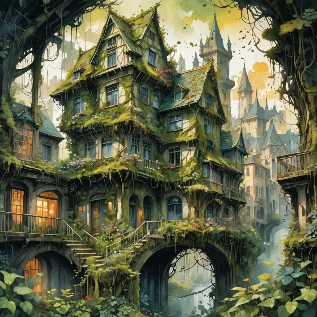 Overgrown city covered in vines and moss double exposure Digital watercolour, disintegrating double exposure fairy-tale ...