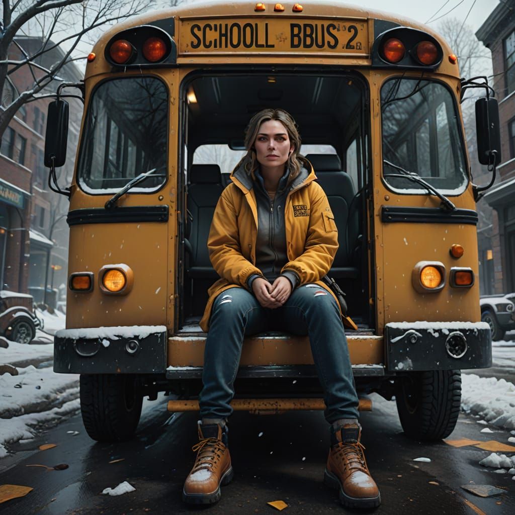 She is a School bus driver. It is cold out side. She is sitting behind the drivers seat with her 2 legs up on the back o...